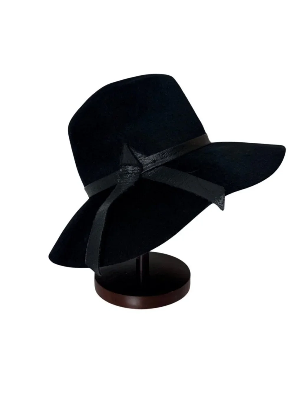 Vintage Glenover Black Felt Hat Leather Bow USA Made Large Wide Brim